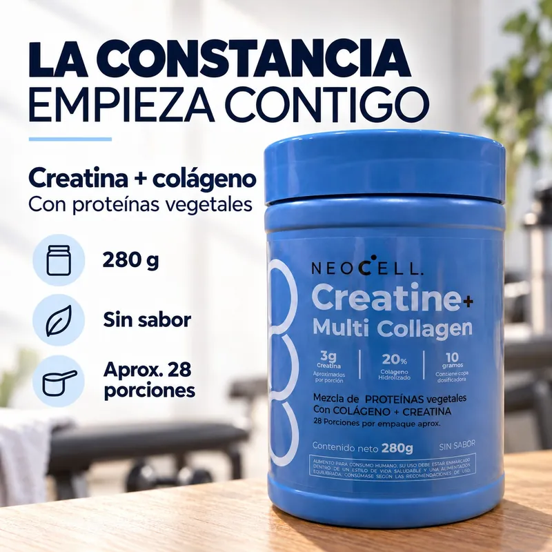 La constancia empieza contigo. Creatina y colágeno con proteínas vegetales: 280 g, sin sabor, aproximadamente 28 porciones. El tarro sobre una mesa de madera.