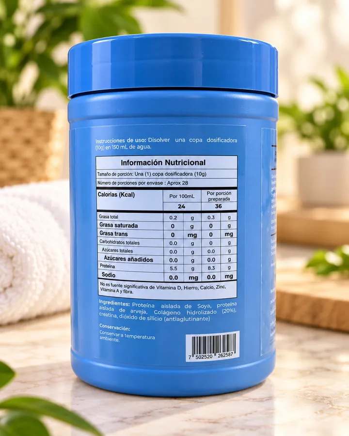 Parte trasera del tarro con la tabla de información nutricional: porción de 10 g, aproximadamente 28 porciones por envase