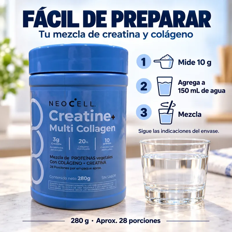 Fácil de preparar. Paso 1: una porción de 10 g. Paso 2: en 150 ml de agua, jugo o tu batido. Paso 3: mezcla y listo, no tiene sabor. 280 g, aproximadamente 28 porciones.